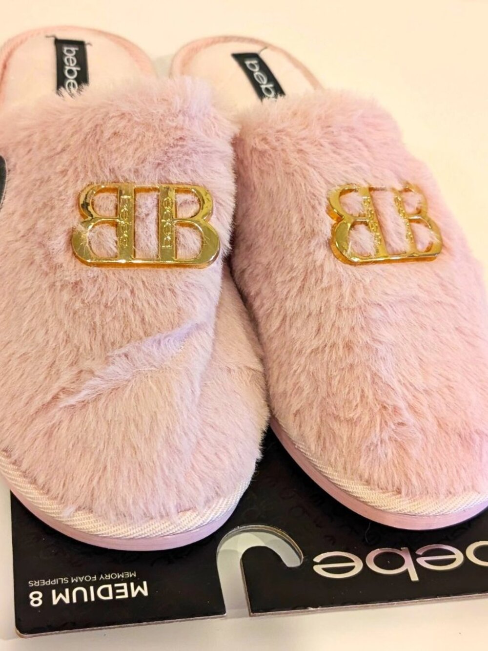 Bebe Womens Pink Faux Fur Slippers Memory Foam Gold Logo Medium 8 Scuff NWT